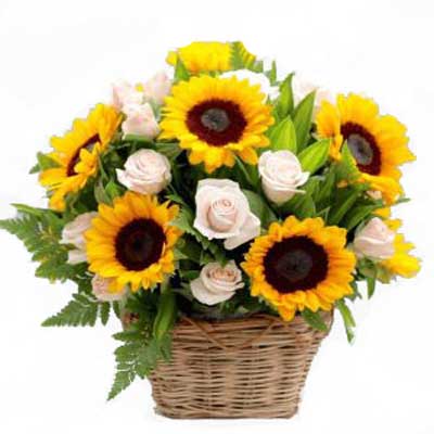 Sunflowers And Roses In A Basket
