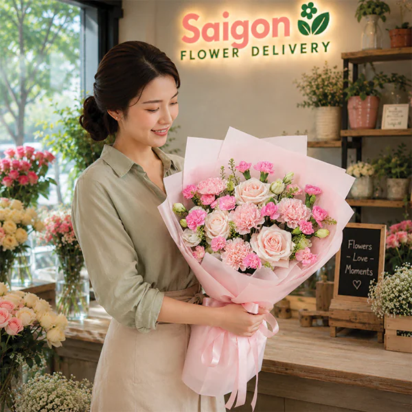 Pink Carnations & Soft Roses Charm Bouquet - Image 2